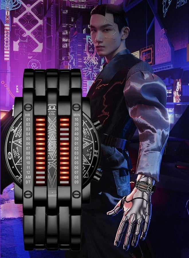 FANMIS Creative Mens Binary Matrix Blue LED Digital Watch Fashion Classic Black Plated Waterproof LED Backlight Bracelet Watches (X Black Red) - Image 5